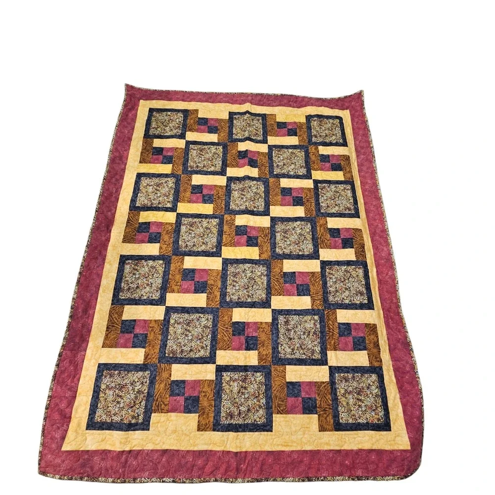 Handmade Log Cabin Quilt Blanket Rustic Farmhouse Brown Throw‎ Grandma Cottage